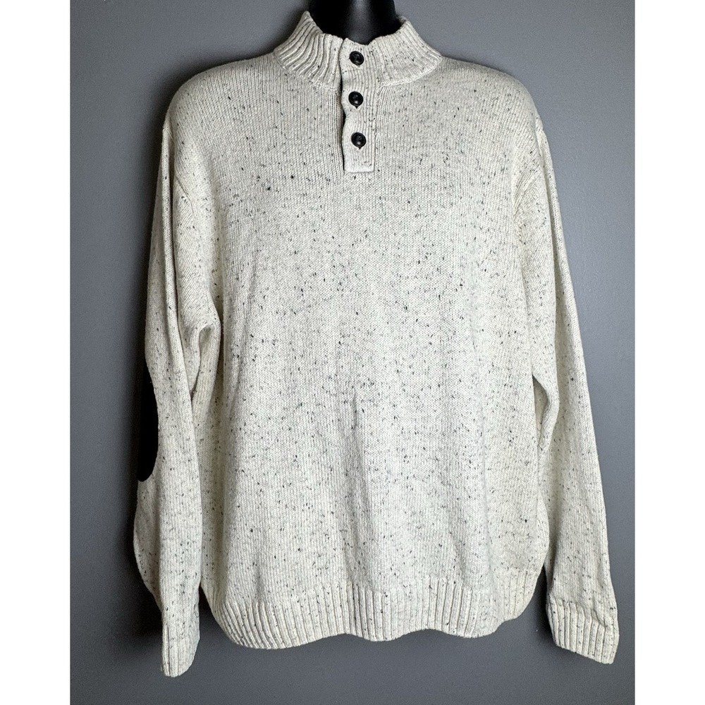 Chaps Men's Mock Neck Henley Sweater  Speckled Cream Knit & Elbow Patches XL